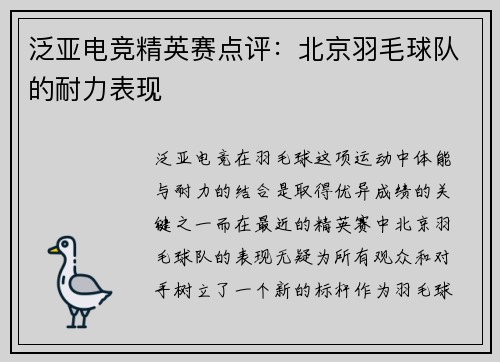 泛亚电竞精英赛点评：北京羽毛球队的耐力表现