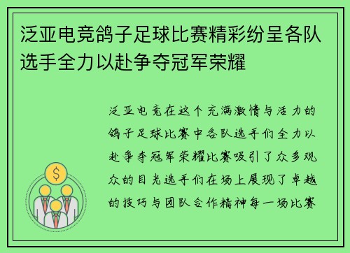 泛亚电竞鸽子足球比赛精彩纷呈各队选手全力以赴争夺冠军荣耀
