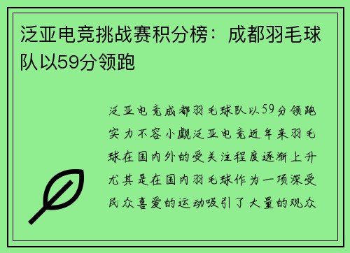 泛亚电竞挑战赛积分榜：成都羽毛球队以59分领跑