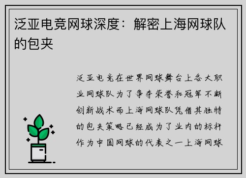 泛亚电竞网球深度：解密上海网球队的包夹