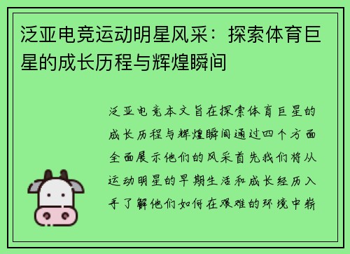 泛亚电竞运动明星风采：探索体育巨星的成长历程与辉煌瞬间
